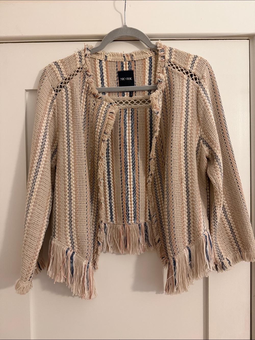 NIC+ZOE Tweed Fringe Open Front Jacket Cream Blue Pink Size S